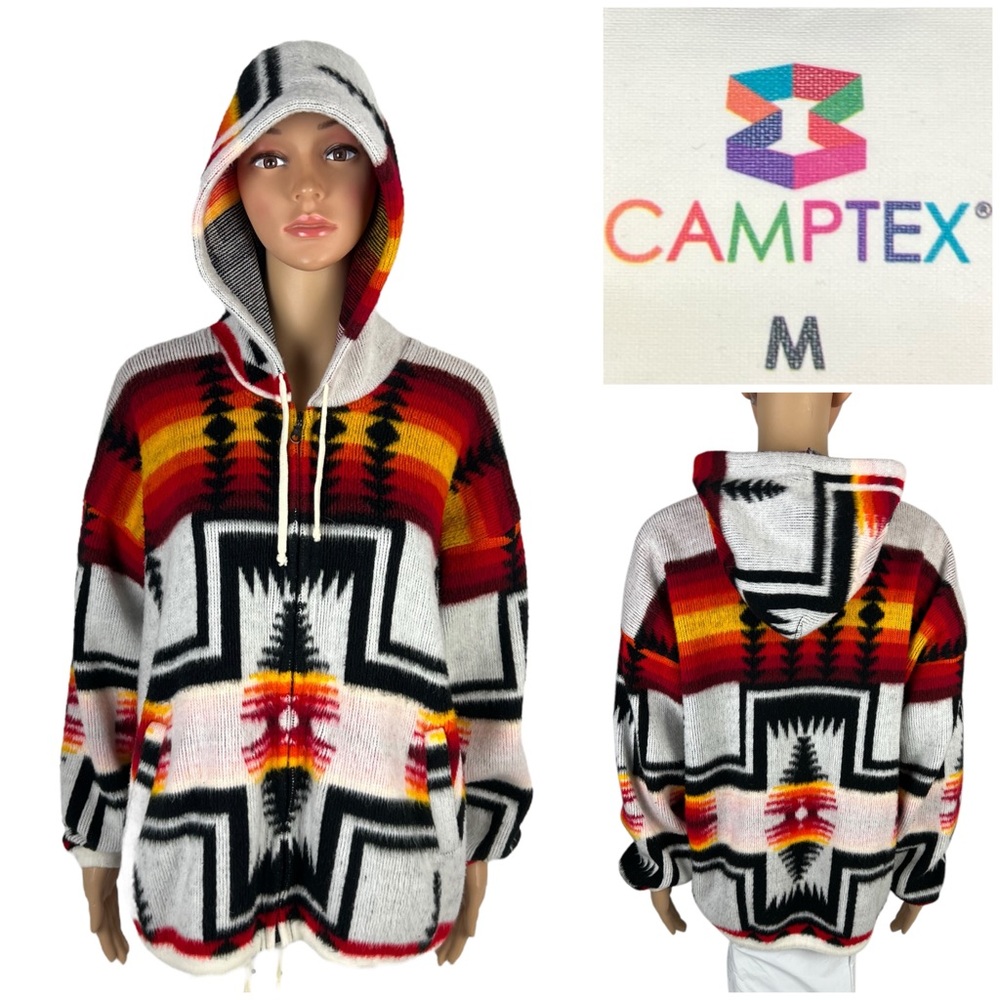 Camptex Womens Medium Sweater Hooded Jacket Full Zip Wool Aztec White Orange EUC